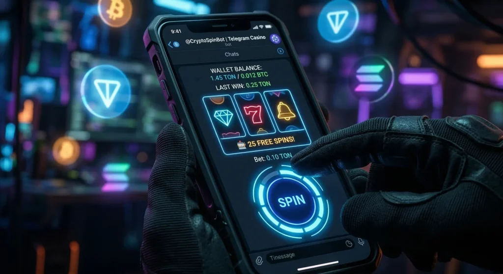 Telegram crypto casino bot interface with neon spin button and floating crypto symbols