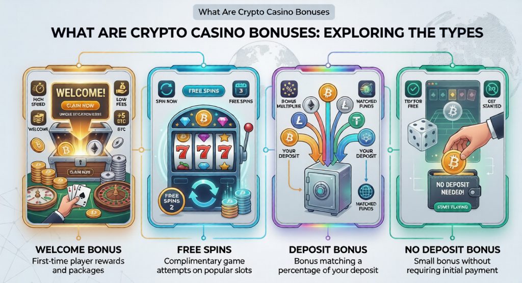 types of crypto casino bonuses including welcome bonus free spins and no deposit bonus